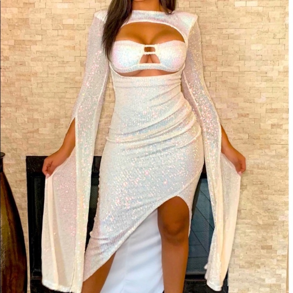 FashionNova Glimmer Glow Cutout Hi-Low Dress w/ Slit Sleeves, Iridescent Sequins